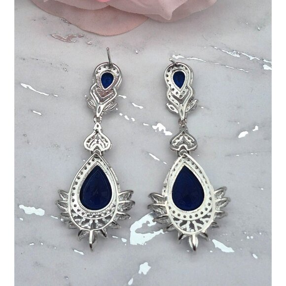 Runway Statement Drop Chandelier Earrings Silver Tone & Blue Crystal Formal Prom - Picture 5 of 6